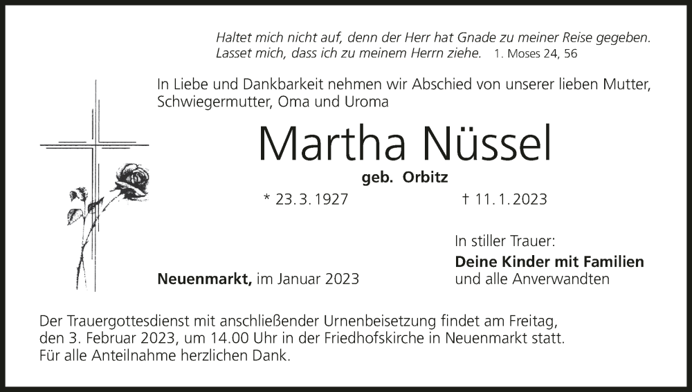  Traueranzeige für Martha Nüssel vom 28.01.2023 aus MGO