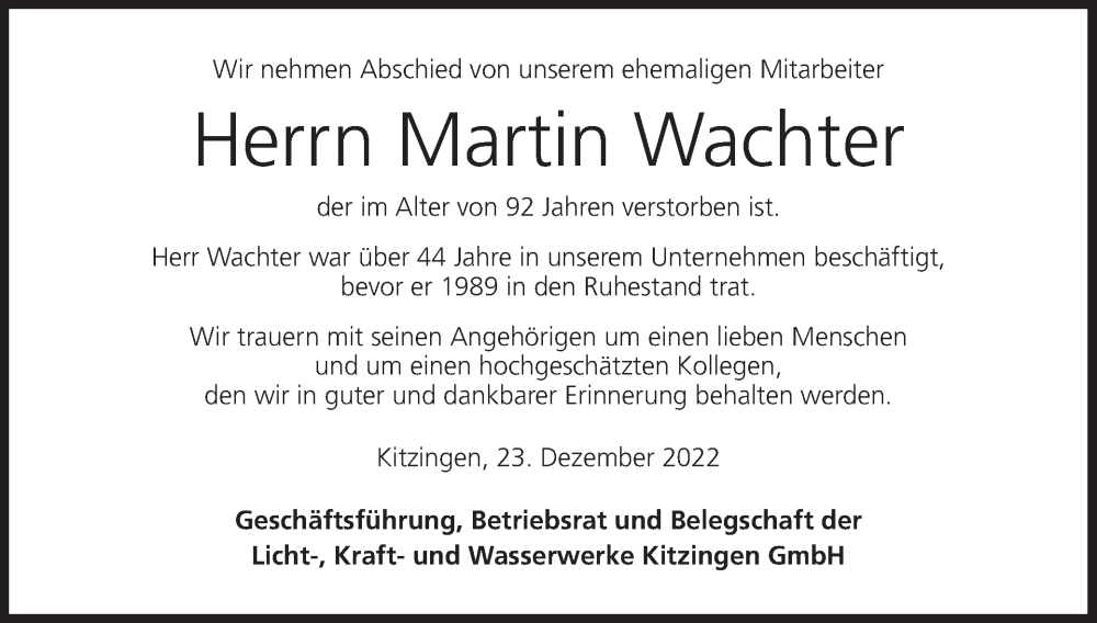  Traueranzeige für Martin Wachter vom 11.01.2023 aus MGO