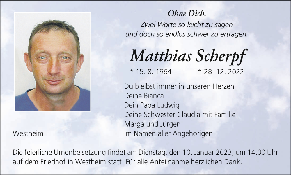  Traueranzeige für Matthias Scherpf vom 07.01.2023 aus MGO