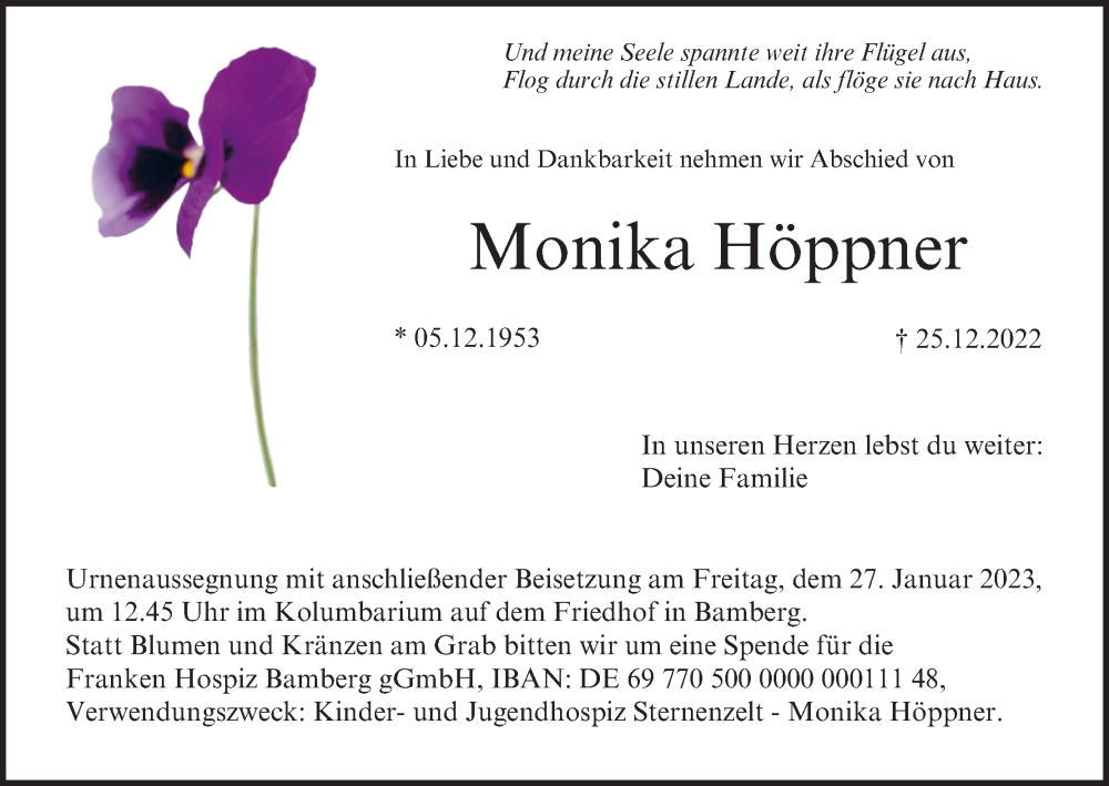  Traueranzeige für Monika Höppner vom 14.01.2023 aus MGO