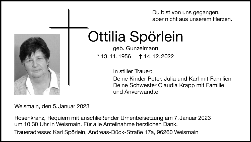  Traueranzeige für Ottilia Spörlein vom 05.01.2023 aus MGO