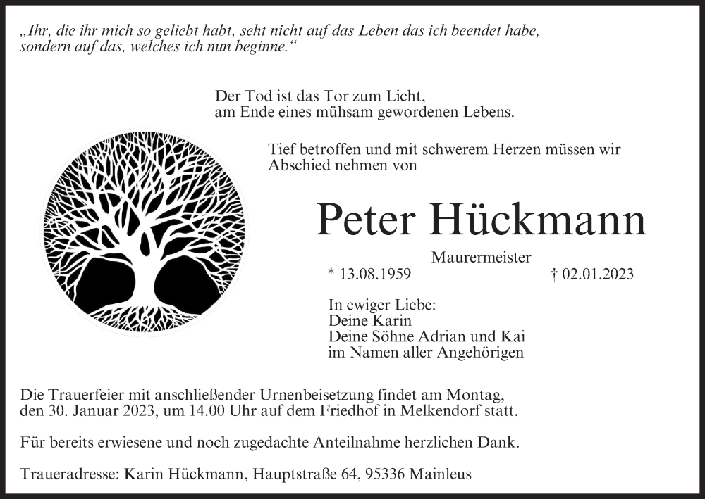  Traueranzeige für Peter Hückmann vom 26.01.2023 aus MGO