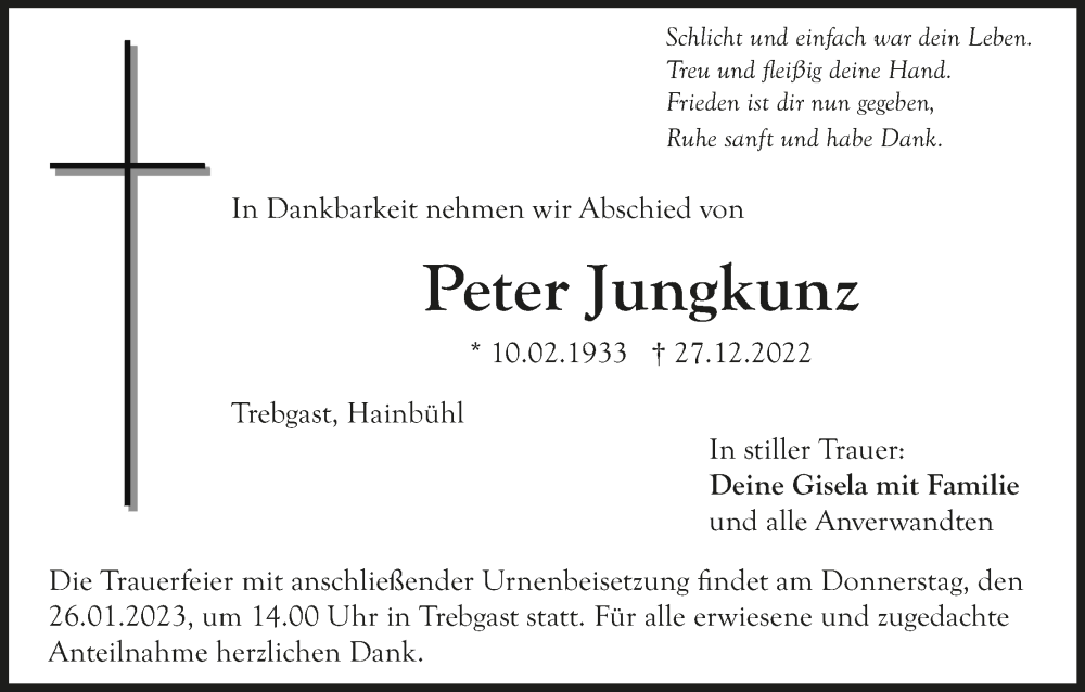  Traueranzeige für Peter Jungkunz vom 24.01.2023 aus MGO