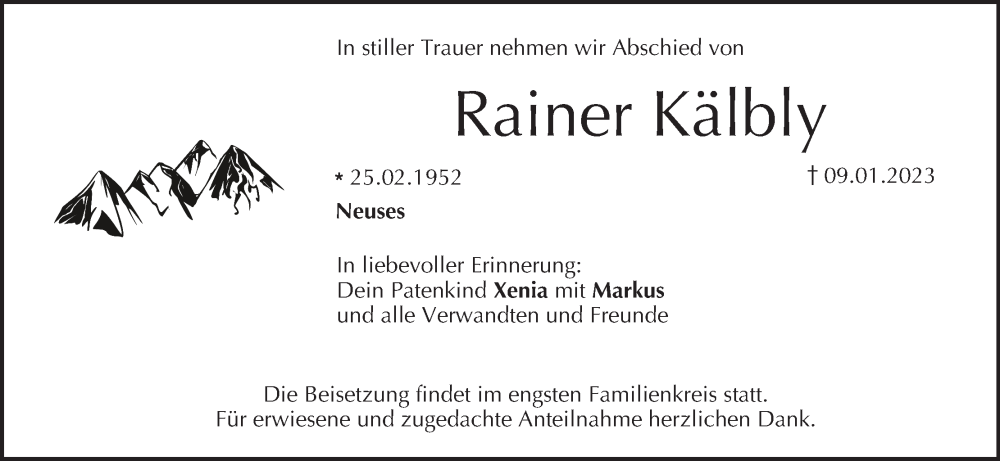  Traueranzeige für Rainer Kälbly vom 14.01.2023 aus MGO
