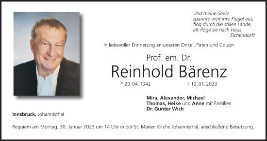 Anzeige von Reinhold Bärenz von MGO