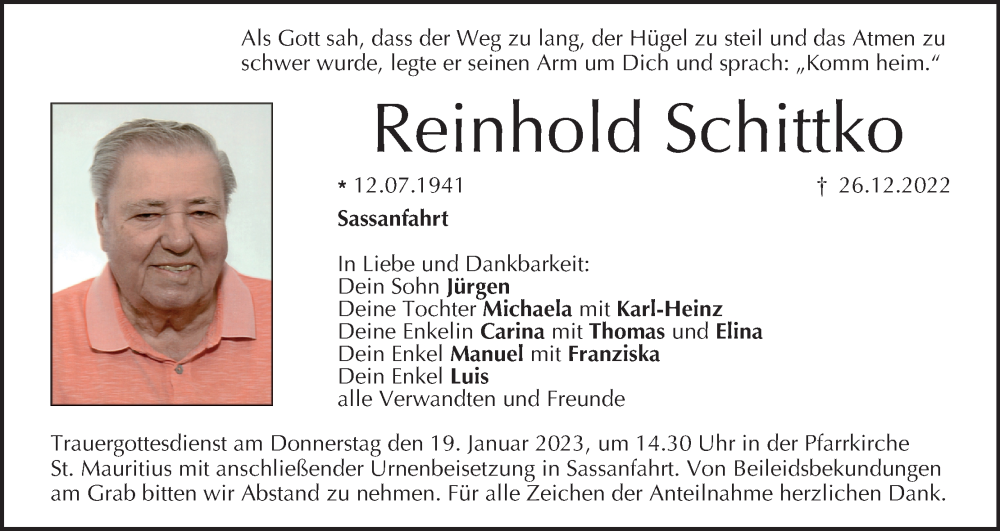  Traueranzeige für Reinhold Schittko vom 14.01.2023 aus MGO