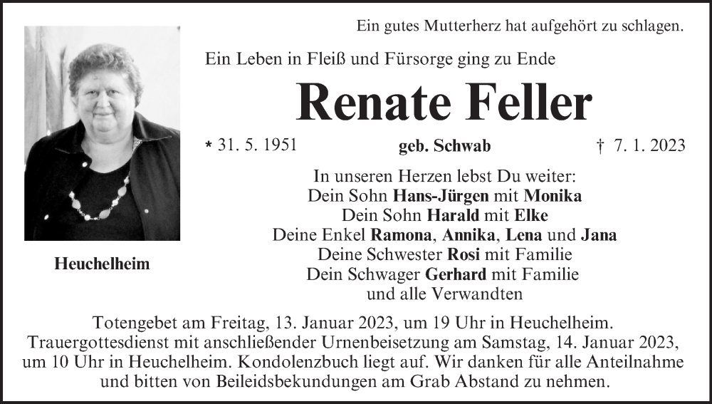  Traueranzeige für Renate Feller vom 11.01.2023 aus MGO