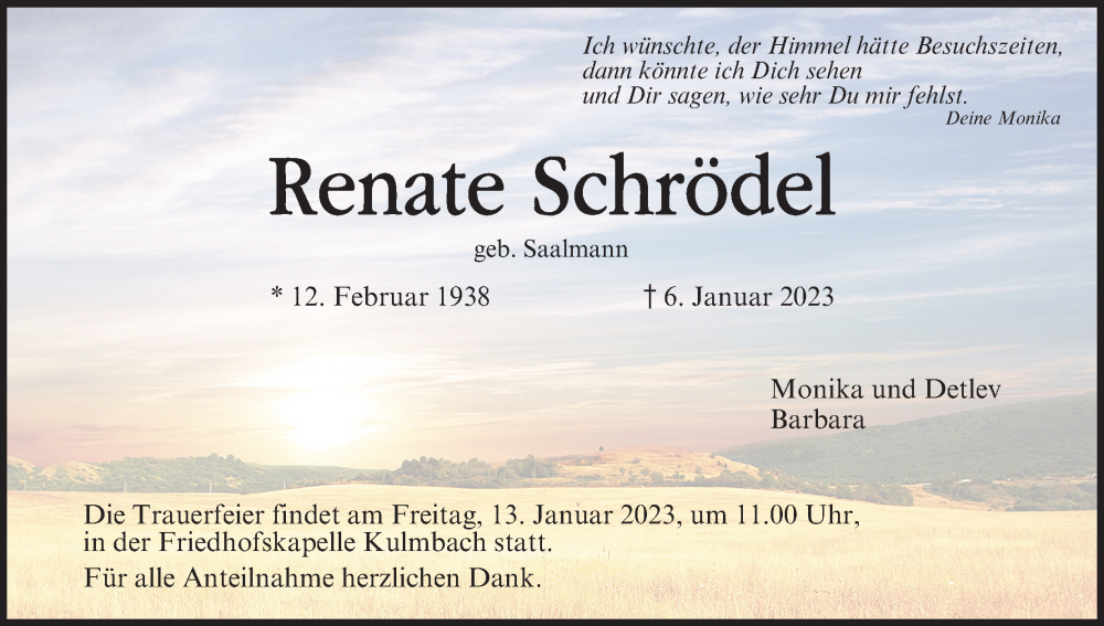  Traueranzeige für Renate Schrödel vom 11.01.2023 aus MGO