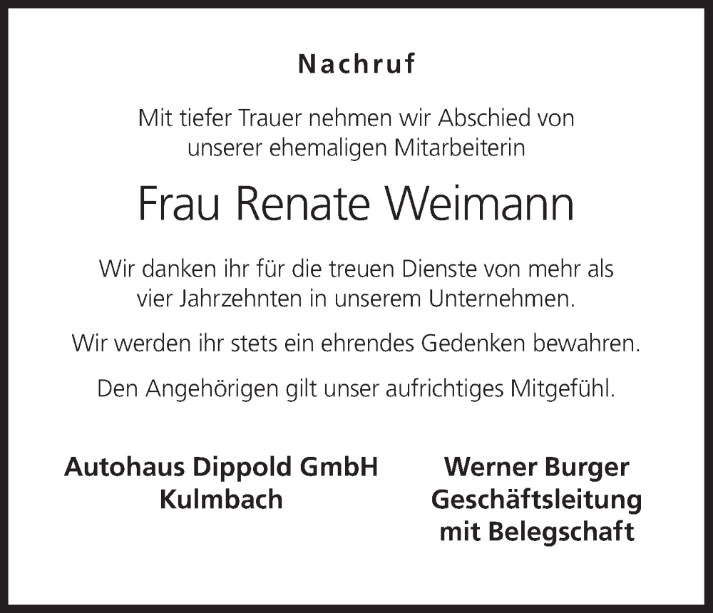  Traueranzeige für Renate Weimann vom 14.01.2023 aus MGO
