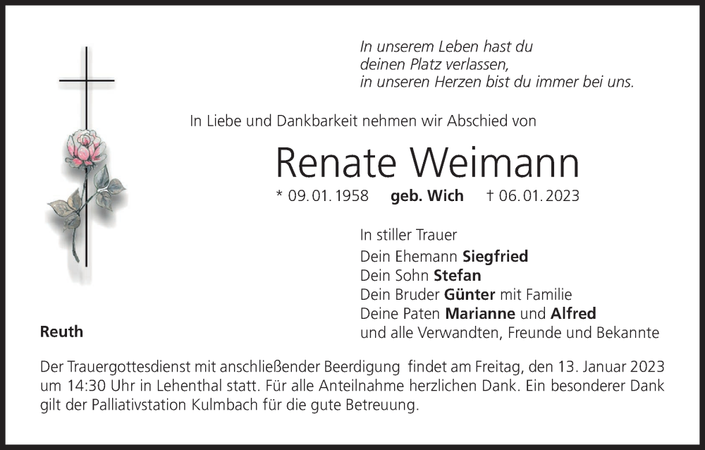  Traueranzeige für Renate Weimann vom 10.01.2023 aus MGO