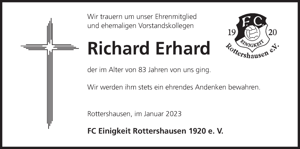 Traueranzeige für Richard Erhard vom 17.01.2023 aus MGO