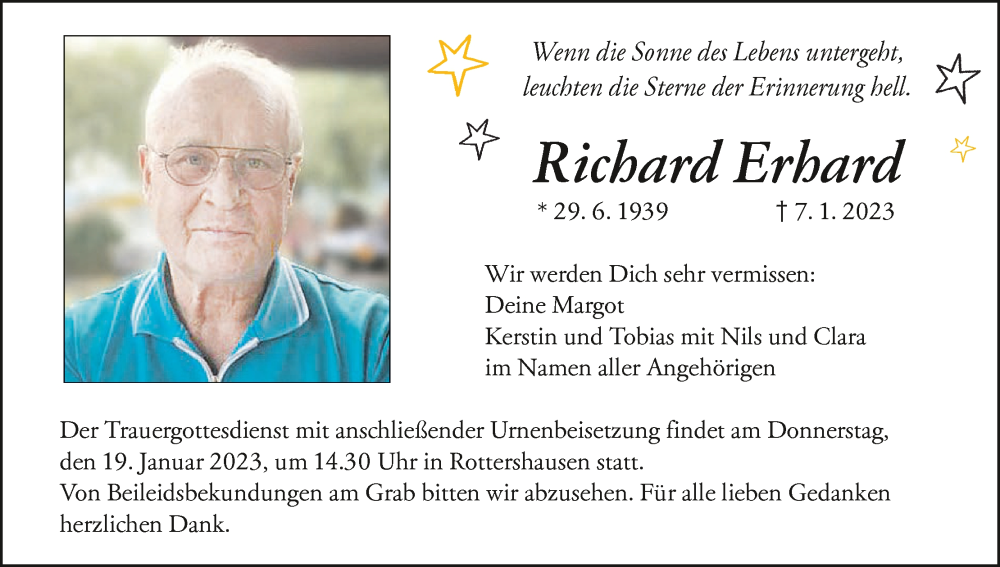  Traueranzeige für Richard Erhard vom 14.01.2023 aus MGO