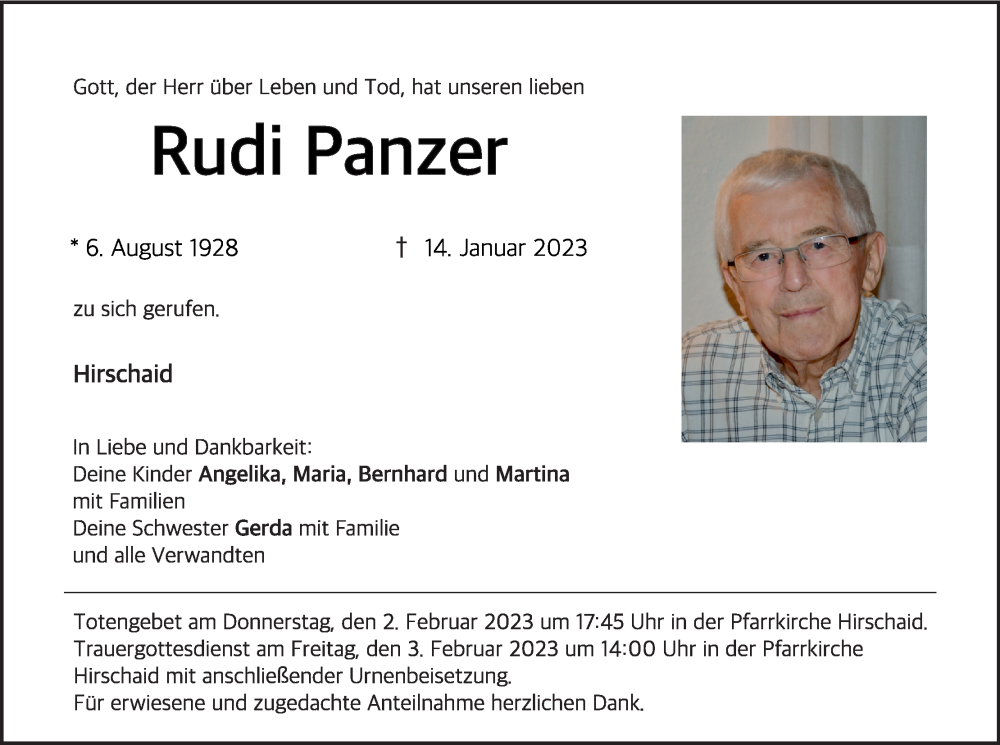  Traueranzeige für Rudi Panzer vom 28.01.2023 aus MGO