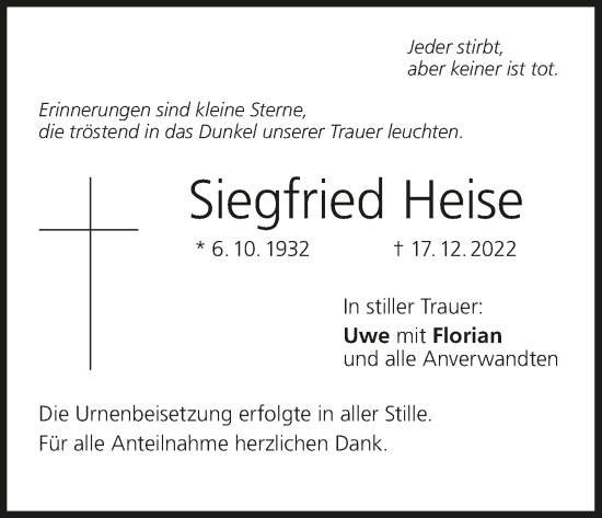 Anzeige von Siegfried Heise von MGO