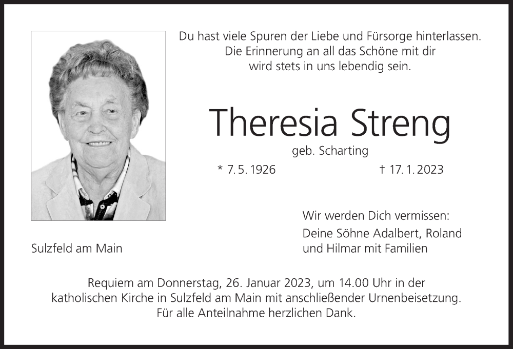  Traueranzeige für Theresia Streng vom 21.01.2023 aus MGO