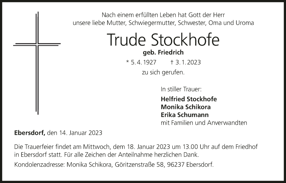  Traueranzeige für Trude Stockhofe vom 14.01.2023 aus MGO