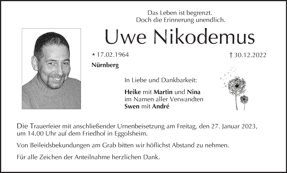  Traueranzeige für Uwe Nikodemus vom 21.01.2023 aus MGO