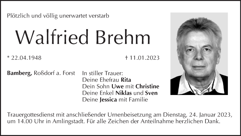  Traueranzeige für Walfried Brehm vom 21.01.2023 aus MGO