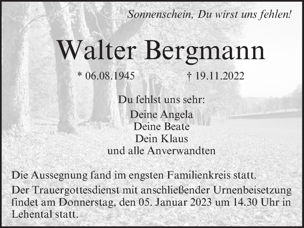  Traueranzeige für Walter Bergmann vom 03.01.2023 aus MGO