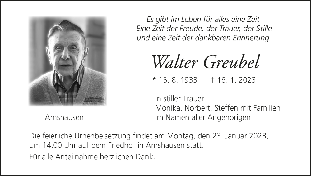  Traueranzeige für Walter Greubel vom 21.01.2023 aus MGO