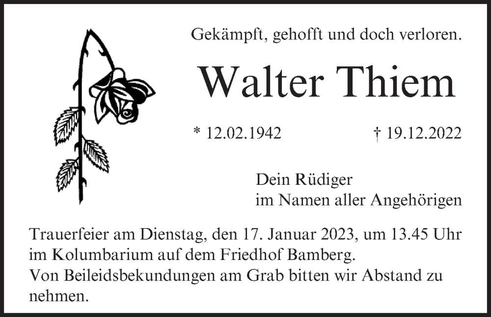  Traueranzeige für Walter Thiem vom 14.01.2023 aus MGO