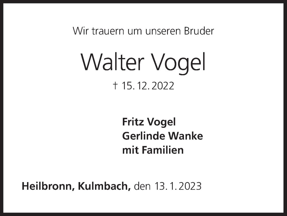  Traueranzeige für Walter Vogel vom 13.01.2023 aus MGO