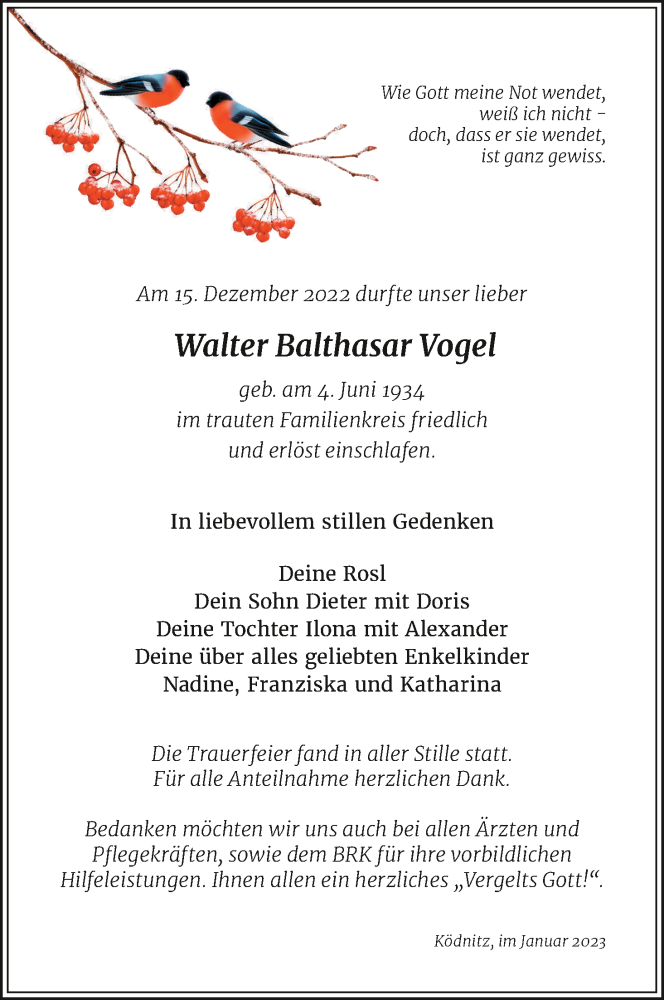  Traueranzeige für Walter Vogel vom 07.01.2023 aus MGO