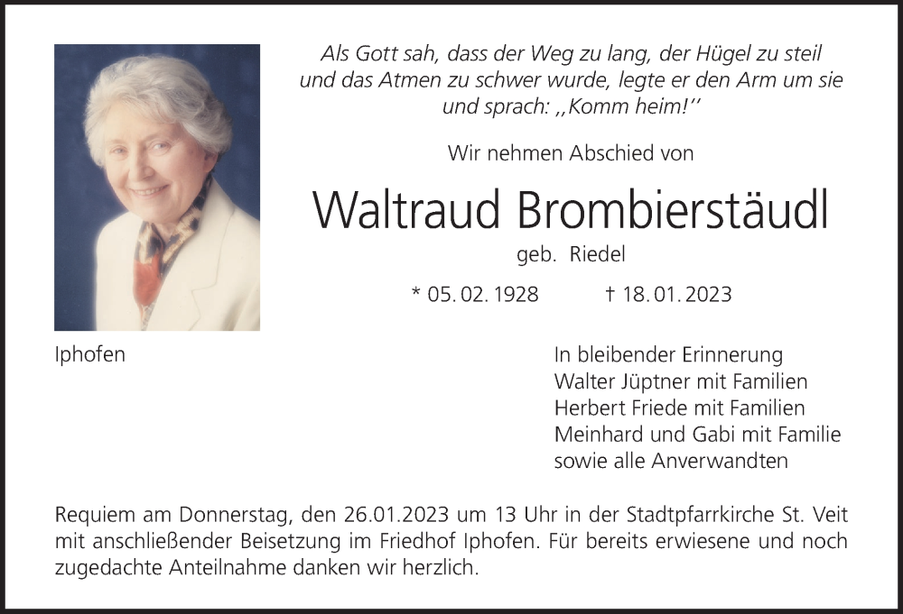  Traueranzeige für Waltraud Brombierstäudl vom 21.01.2023 aus MGO