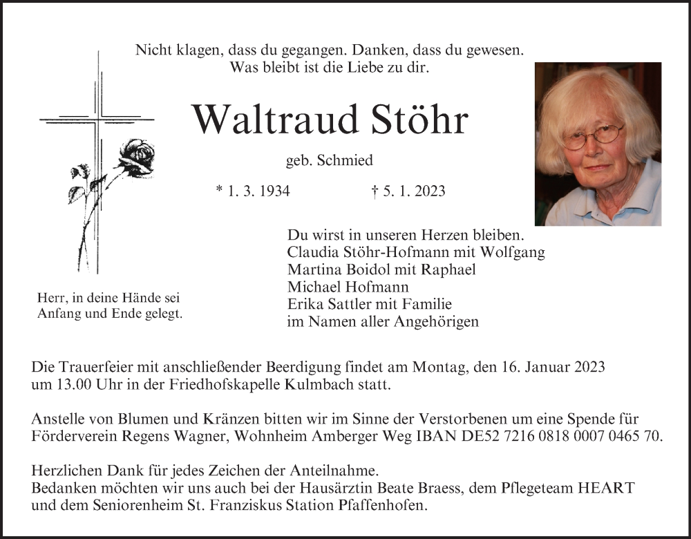  Traueranzeige für Waltraud Stöhr vom 14.01.2023 aus MGO