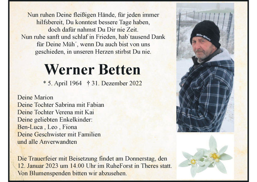  Traueranzeige für Werner Betten vom 07.01.2023 aus MGO