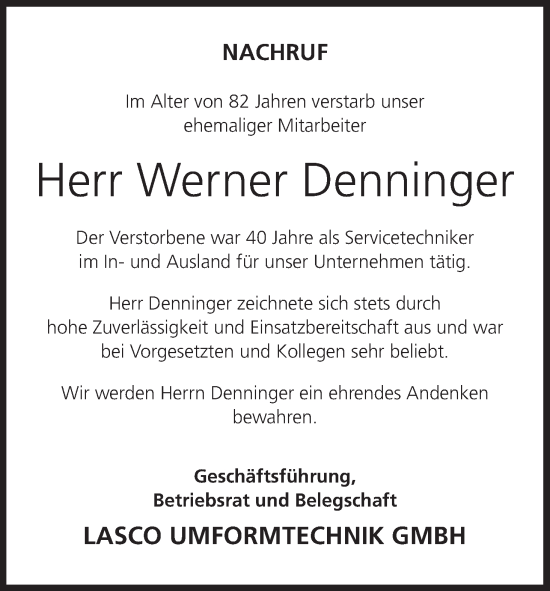 Anzeige von Werner Denninger von MGO