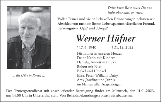 Anzeige von Werner Hüfner von MGO