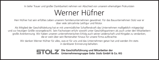 Anzeige von Werner Hüfner von MGO
