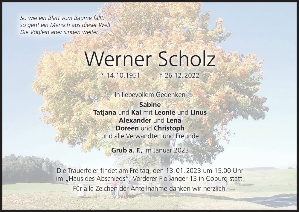  Traueranzeige für Werner Scholz vom 07.01.2023 aus MGO