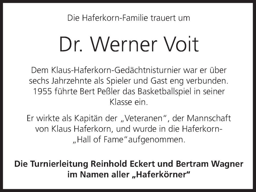  Traueranzeige für Werner Voit vom 21.01.2023 aus MGO