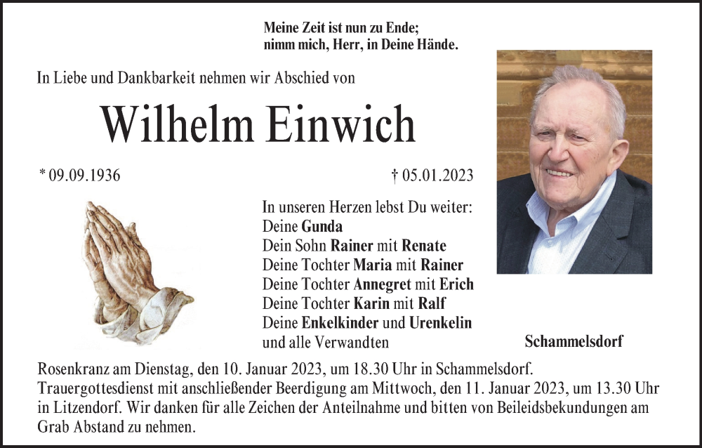  Traueranzeige für Wilhelm Einwich vom 10.01.2023 aus MGO