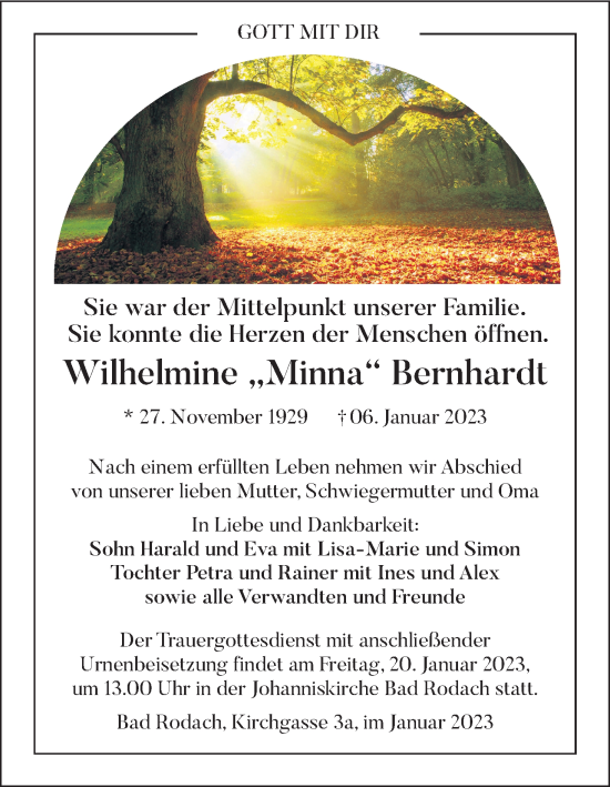 Anzeige von Wilhelmine  Bernhardt von MGO