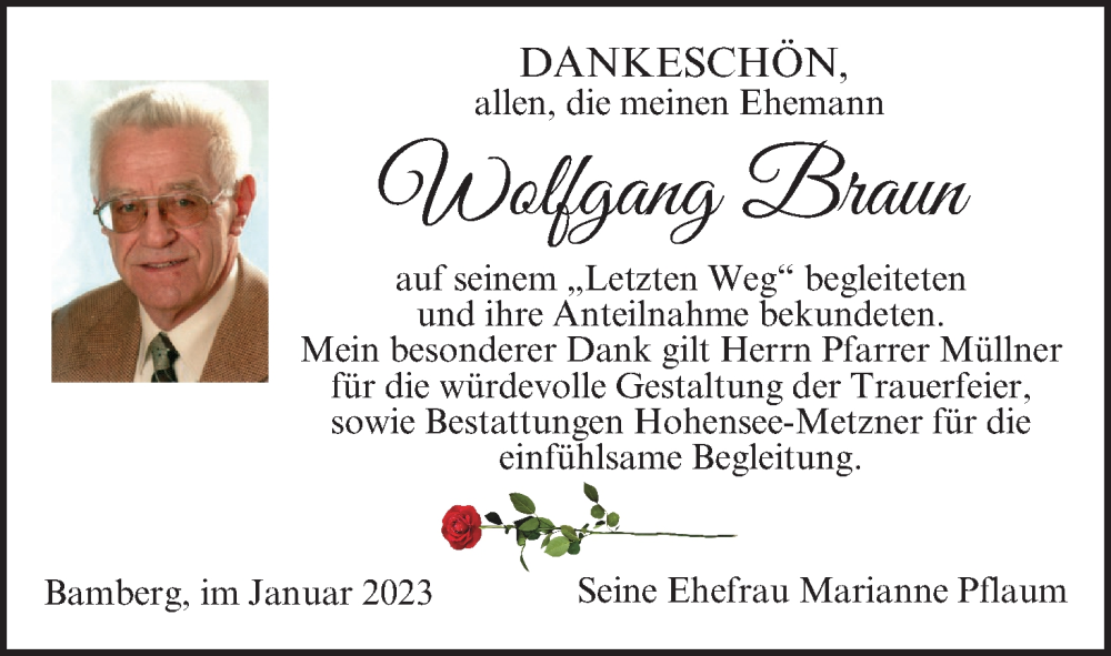  Traueranzeige für Wolfgang Braun vom 14.01.2023 aus MGO