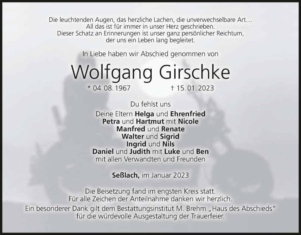  Traueranzeige für Wolfgang Girschke vom 28.01.2023 aus MGO