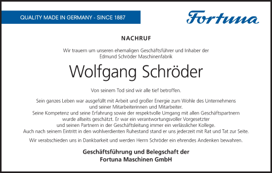 Anzeige von Wolfgang Schröder von MGO