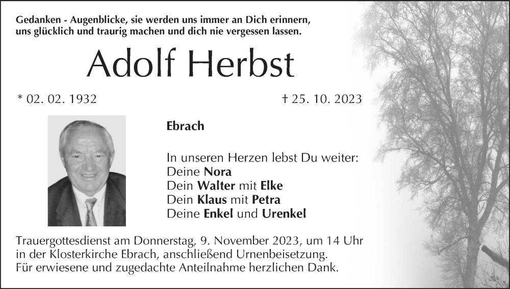  Traueranzeige für Adolf Herbst vom 28.10.2023 aus MGO