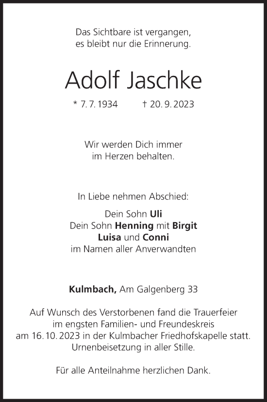 Anzeige von Adolf Jaschke von MGO