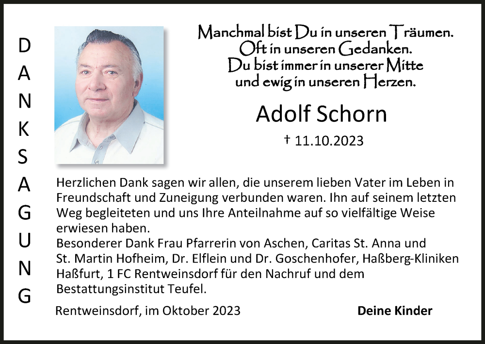 Traueranzeige für Adolf Schorn vom 28.10.2023 aus MGO