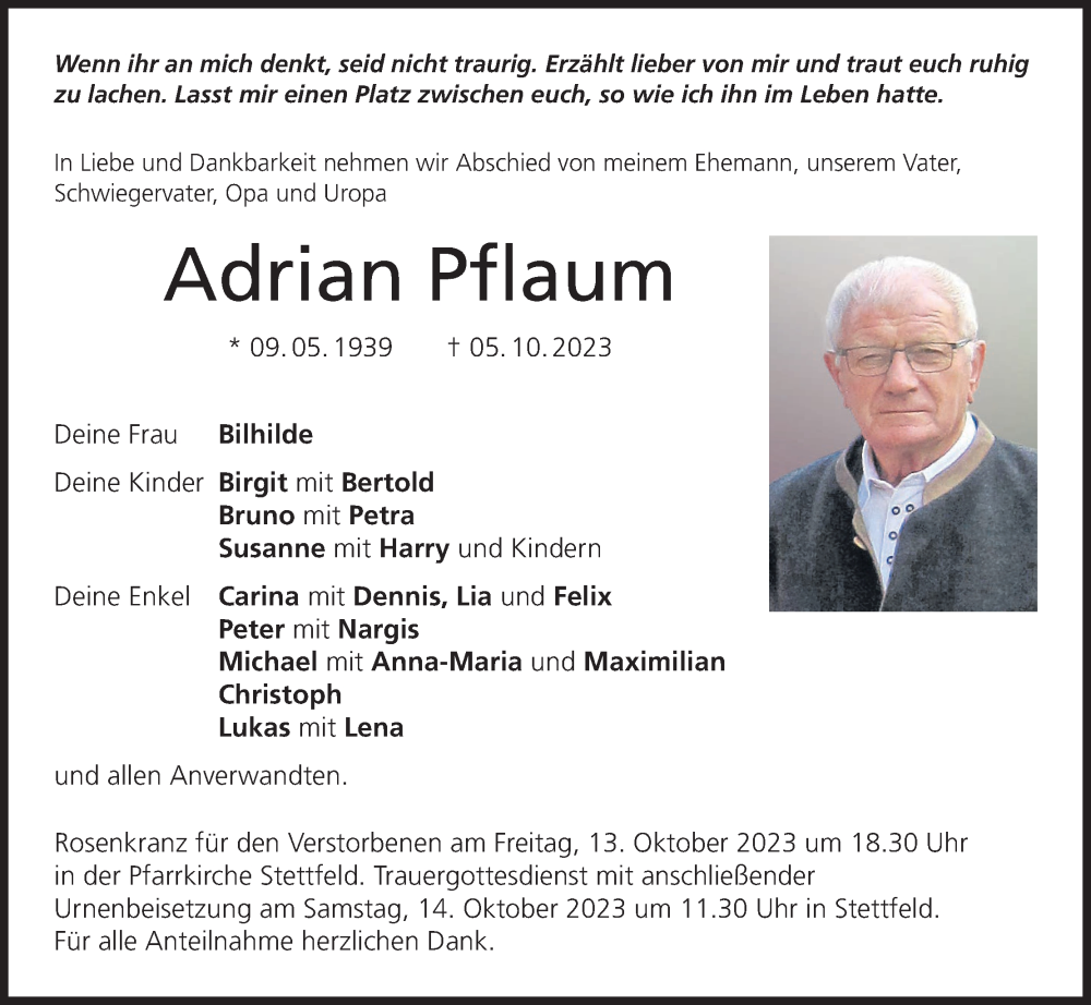  Traueranzeige für Adrian Pflaum vom 11.10.2023 aus MGO