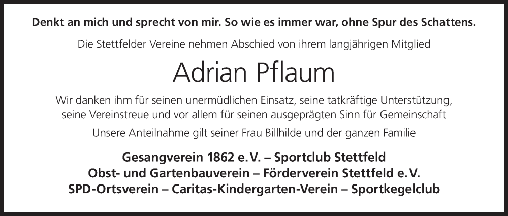  Traueranzeige für Adrian Pflaum vom 18.10.2023 aus MGO