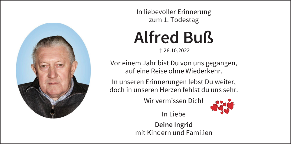  Traueranzeige für Alfred Buß vom 26.10.2023 aus MGO