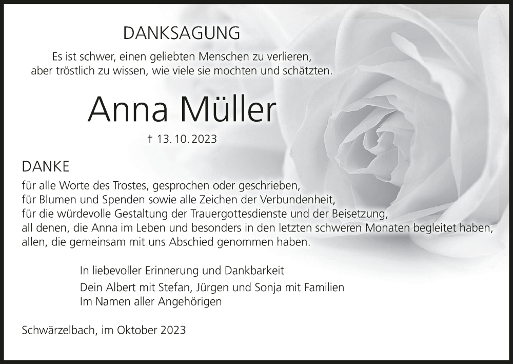  Traueranzeige für Anna Müller vom 28.10.2023 aus MGO