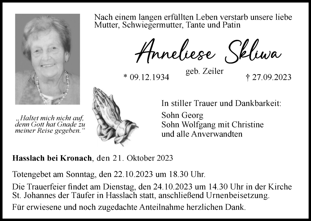  Traueranzeige für Anneliese Skliwa vom 21.10.2023 aus MGO