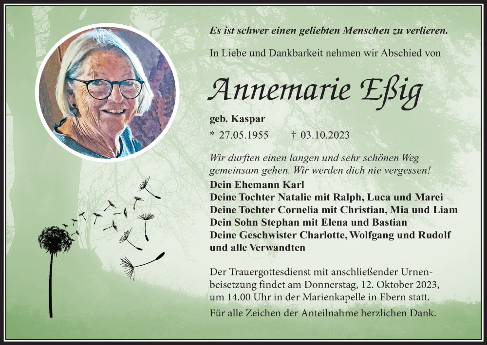 Traueranzeige für Annemarie Eßig vom 07.10.2023 aus MGO