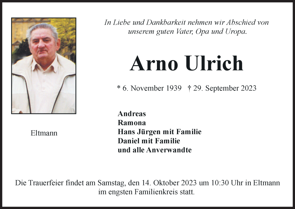  Traueranzeige für Arno Ulrich vom 11.10.2023 aus MGO